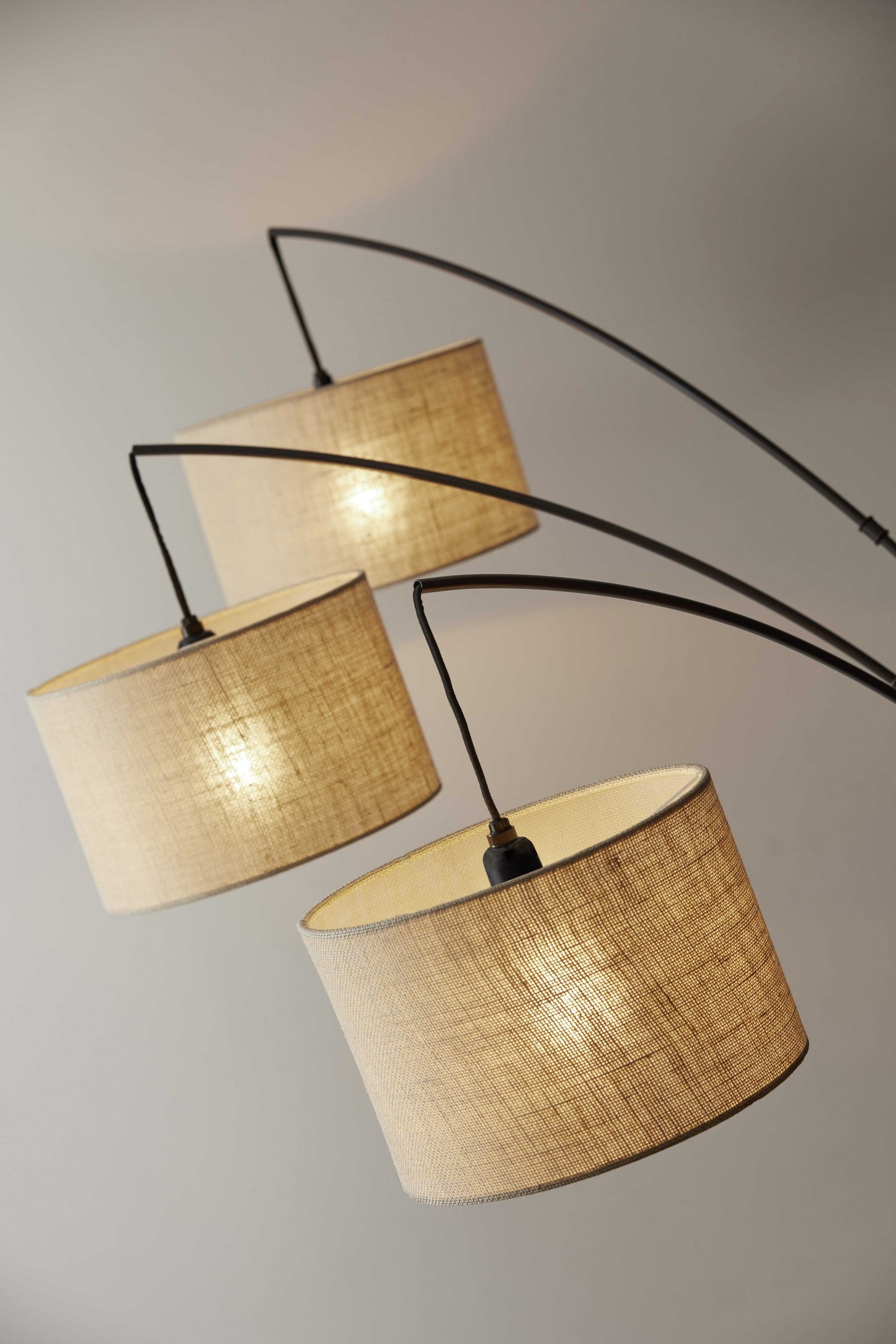 Three Light Bronze Metal Finish Arc Floor Lamp with Suspended Burlap Drum Shades - Lighting > Novelty Lamps - $368.99