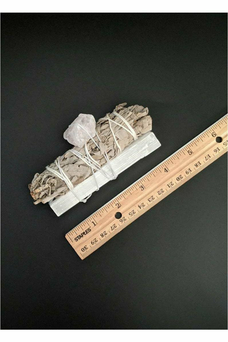 White sage, selenite stick and raw rose quartz crystal smudge wand