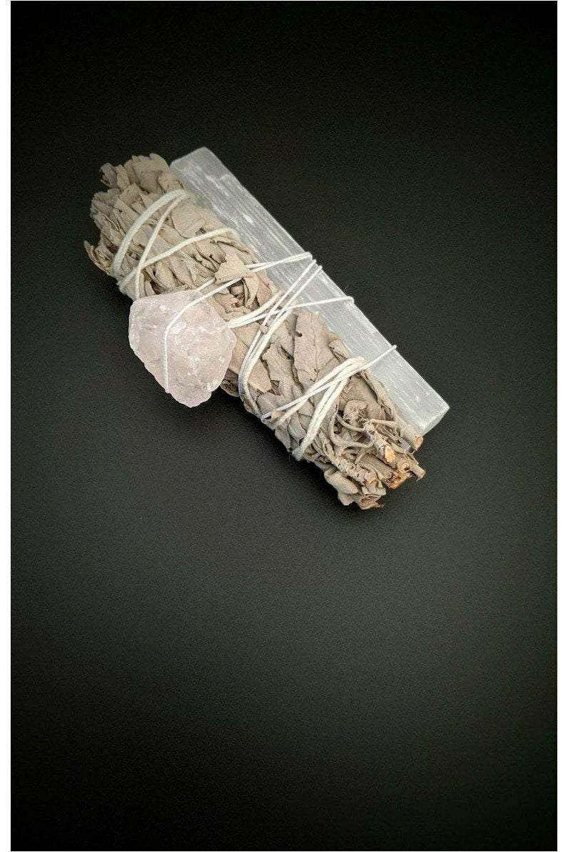 White sage, selenite stick and raw rose quartz crystal smudge wand