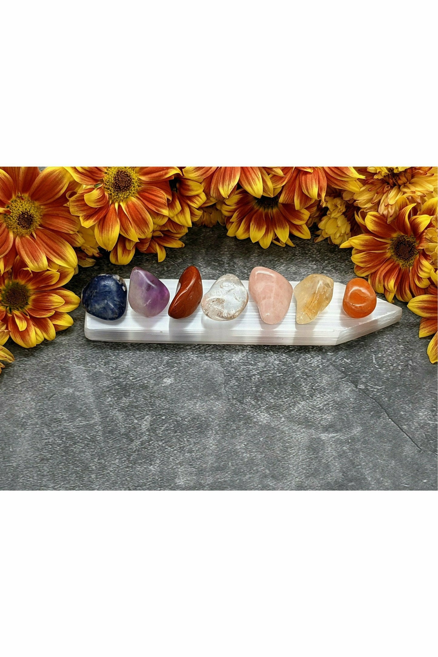7 Chakra Crystal Set with Selenite Charging Tray