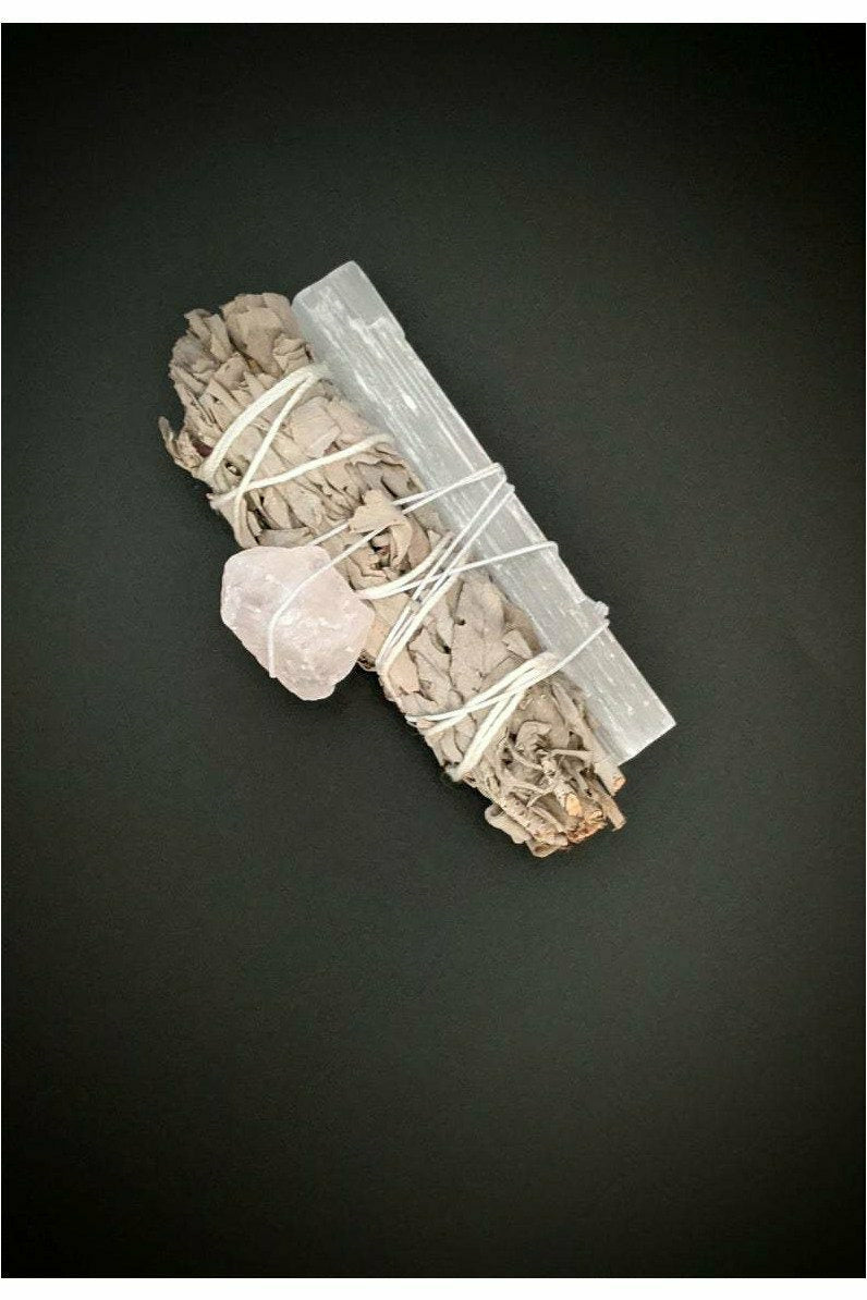 White sage, selenite stick and raw rose quartz crystal smudge wand