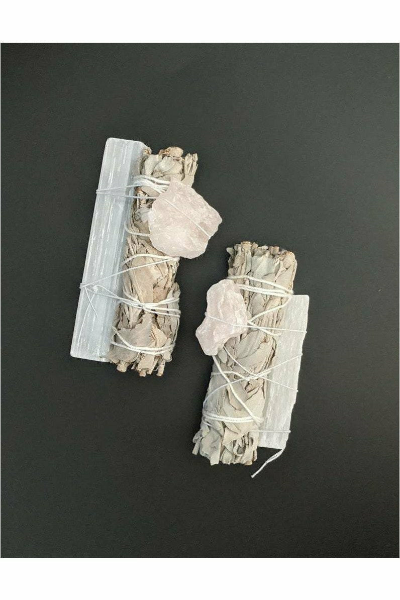 White sage, selenite stick and raw rose quartz crystal smudge wand