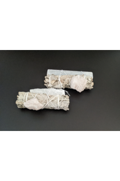 White sage, selenite stick and raw rose quartz crystal smudge wand