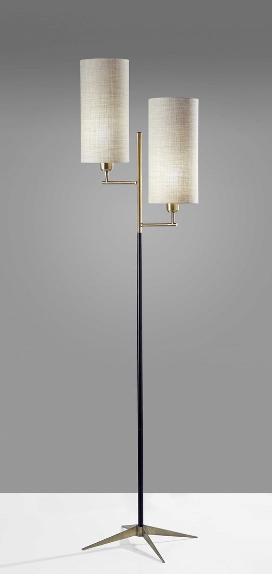 Two Light Floor Lamp Antique Brass Metal Tripod Base with Matte Black Accent and Tall Natural Fabric Shade - Lighting > Floor Lamps - $368.99
