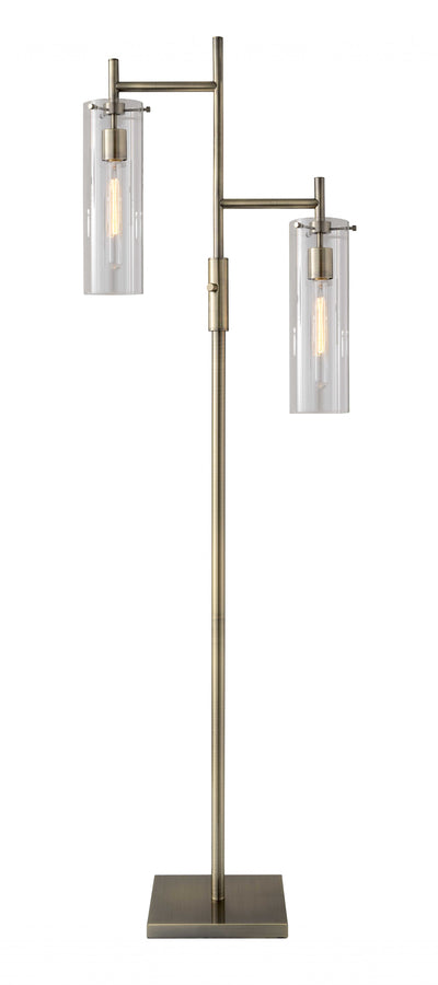 Two Light Modern Floor Lamp Clear Glass Cylinder Shade with Vintage Filament Bulb Antique Brass Metal Pole - Lighting > Floor Lamps - $471.99