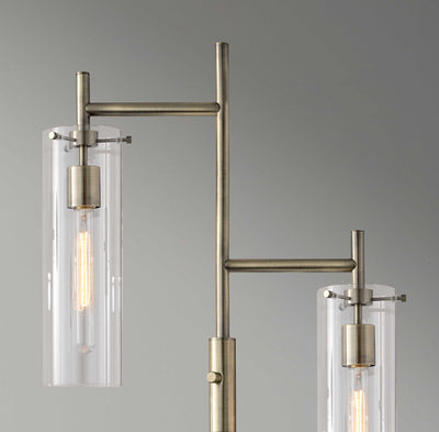 Two Light Modern Floor Lamp Clear Glass Cylinder Shade with Vintage Filament Bulb Antique Brass Metal Pole - Lighting > Floor Lamps - $471.99