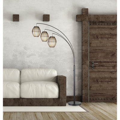 Three Light Arc Lamp in Bronze Metal with Brown Cane Barrel Shape Lanterns - Lighting > Novelty Lamps - $397.99