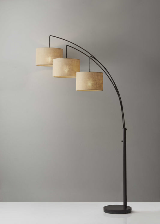 Three Light Bronze Metal Finish Arc Floor Lamp with Suspended Burlap Drum Shades - Lighting > Novelty Lamps - $368.99