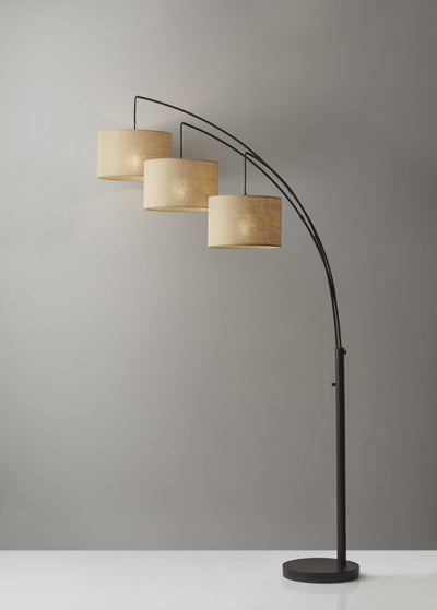 Three Light Bronze Metal Finish Arc Floor Lamp with Suspended Burlap Drum Shades - Lighting > Novelty Lamps - $368.99