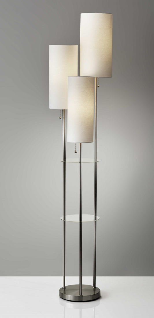 Three Light Floor Lamp in Brushed Steel with Two Clear Storage Shelves - Lighting > Floor Lamps - $250.99