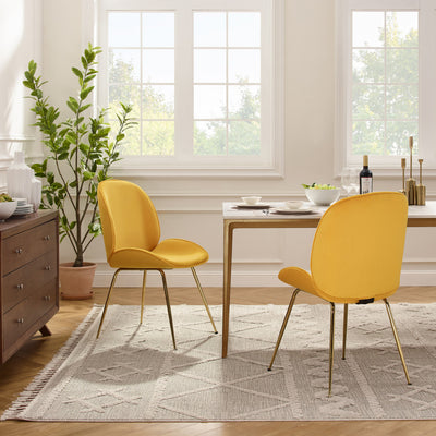 Set of Two Gold and Yellow Velvet Shell Shape Dining Chairs