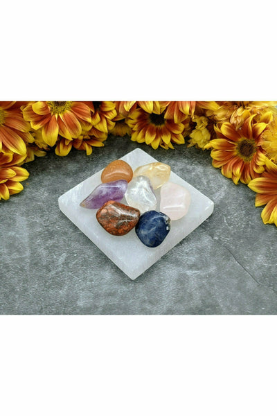 7 polished Chakra Crystals with a Square Selenite Charging Tray