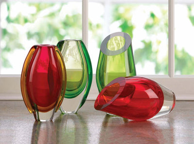Angled Top Cut Glass Vase - Red