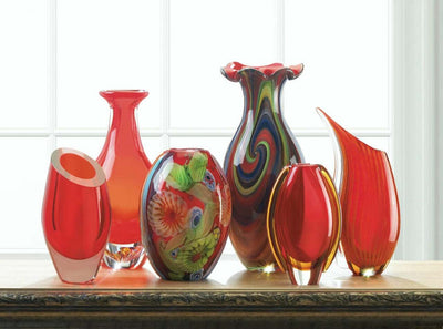 Angled Top Cut Glass Vase - Red