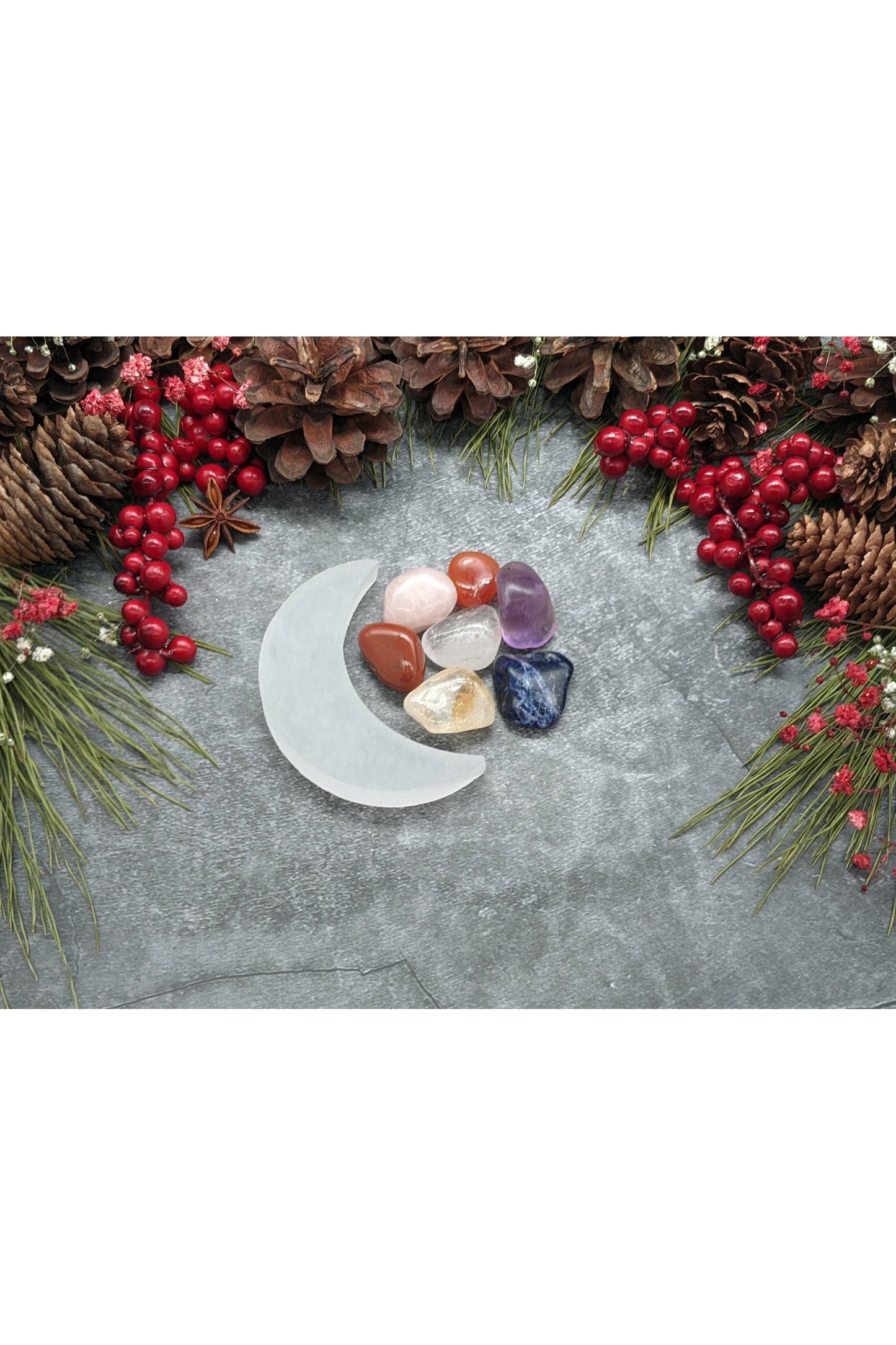 7 crystals set with selenite charging moon