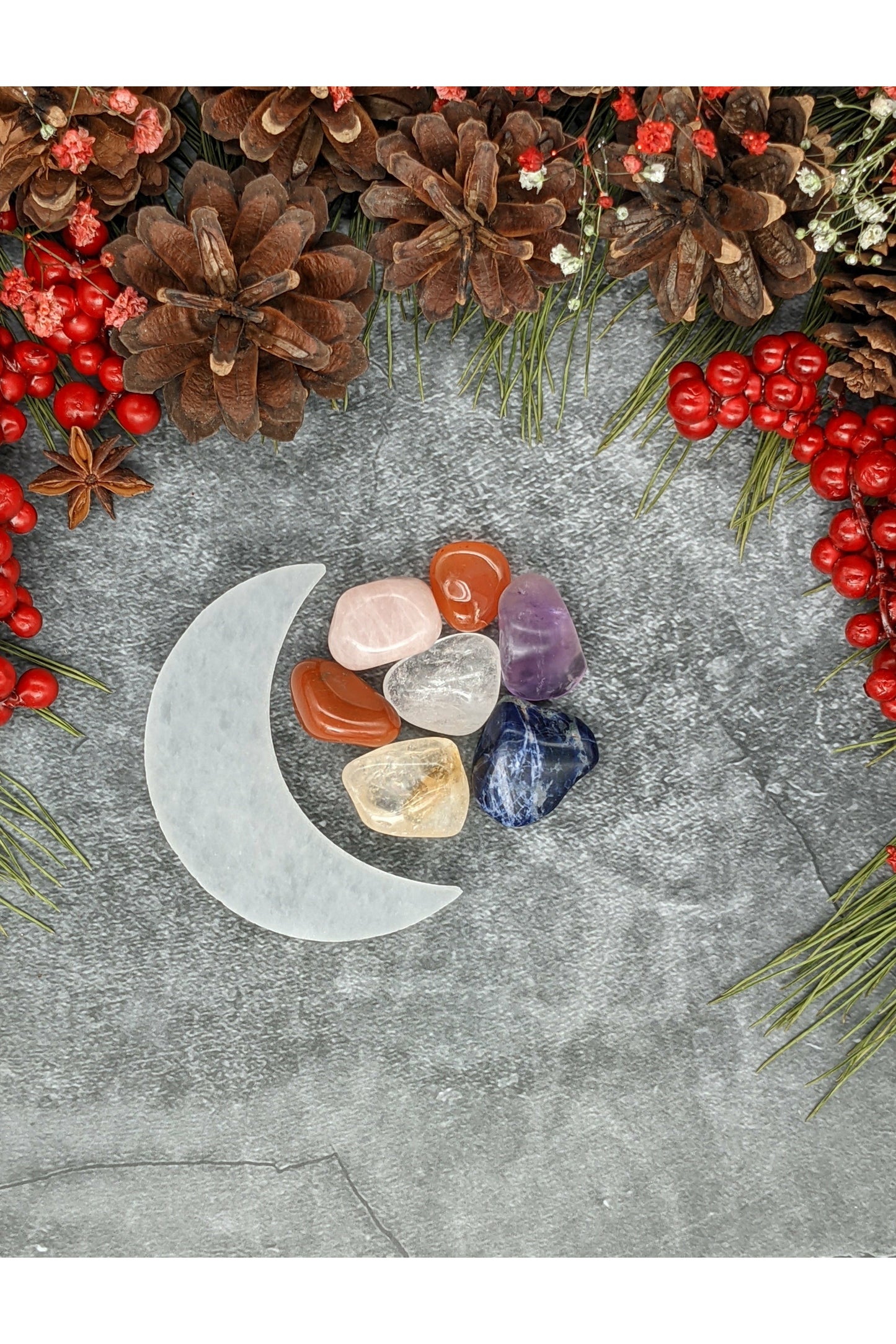 7 crystals set with selenite charging moon