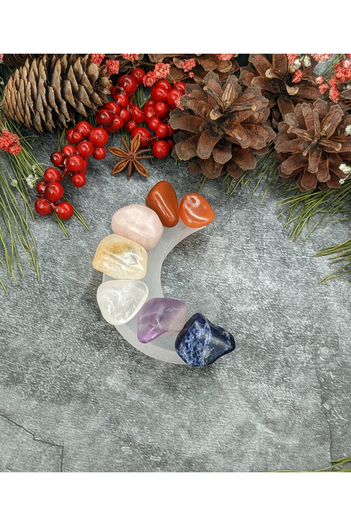 7 crystals set with selenite charging moon