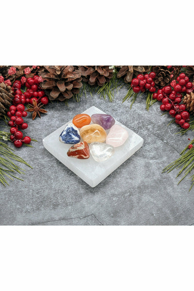 7 polished Chakra Crystals with a Square Selenite Charging Tray