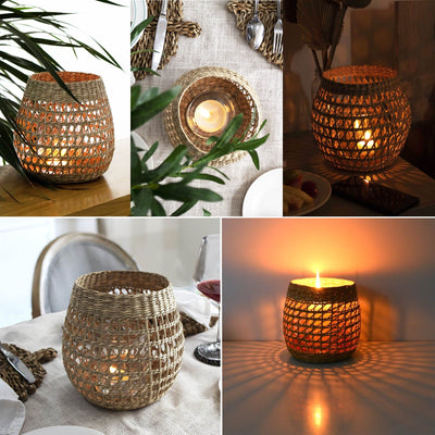 Wicker Candle Holder Woven Seagrass With Glass Cup