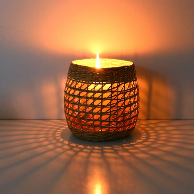 Wicker Candle Holder Woven Seagrass With Glass Cup