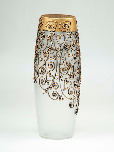 Handpainted Glass Vase for Flowers | Gold Painted Art Glass Oval Vase | Interior Design Home Decor | Table vase 12 in