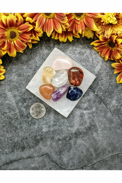 7 polished Chakra Crystals with a Square Selenite Charging Tray