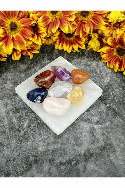 7 polished Chakra Crystals with a Square Selenite Charging Tray