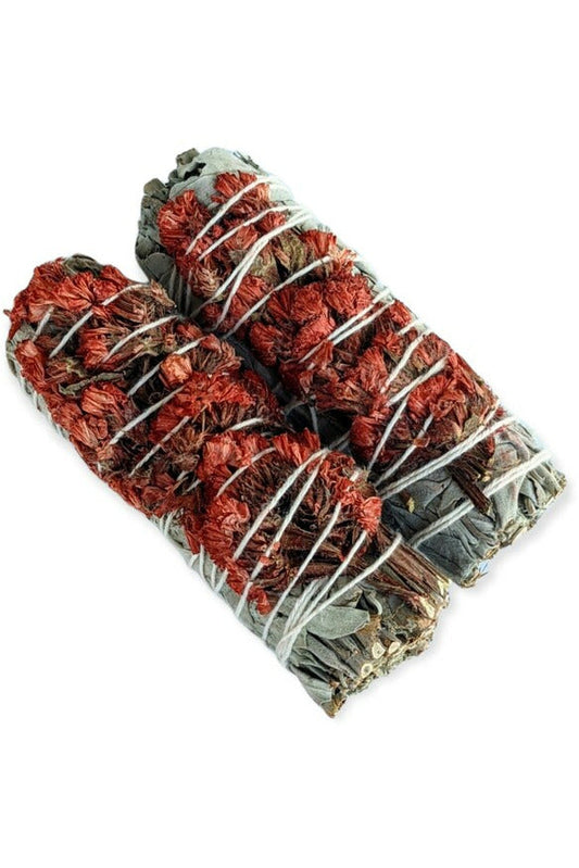 White Sage & Red Sinuata flower smudge stick