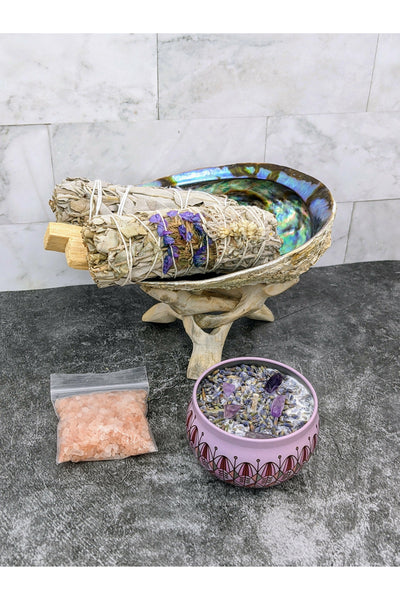 Purple Sinuata flower smudge kit with crystal candle - Cleansing Kit