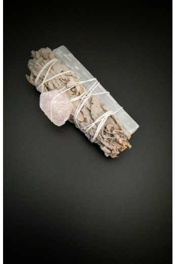 White sage, selenite stick and raw rose quartz crystal smudge wand
